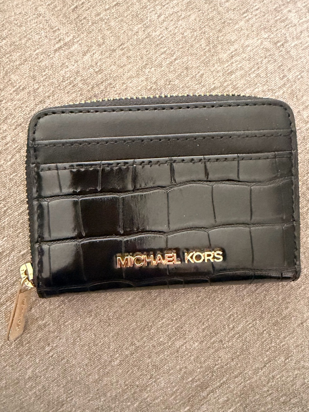 Michael Kors Black Croc-Embossed Zip Card Holder with Gold Logo